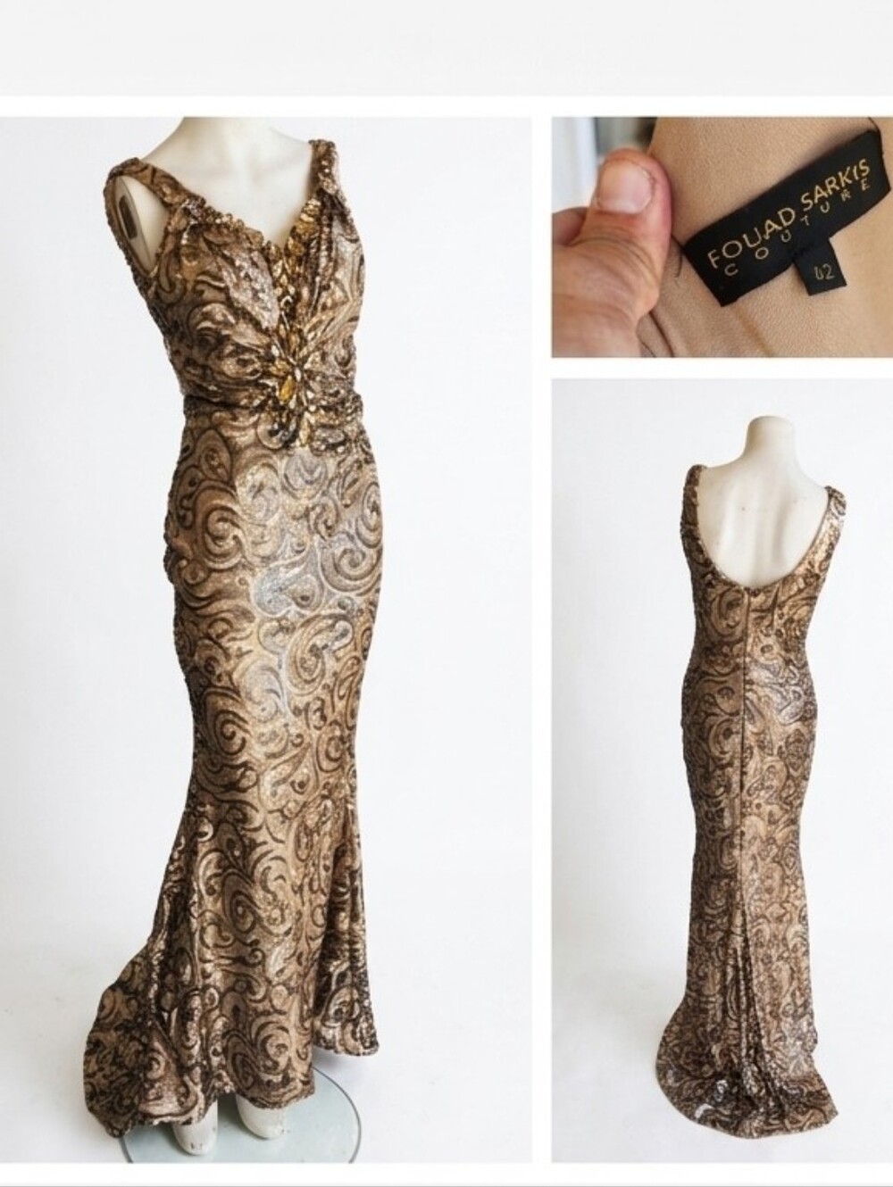 Couture Gold Sequin Embellished Evening Gown - Picture 4 of 5